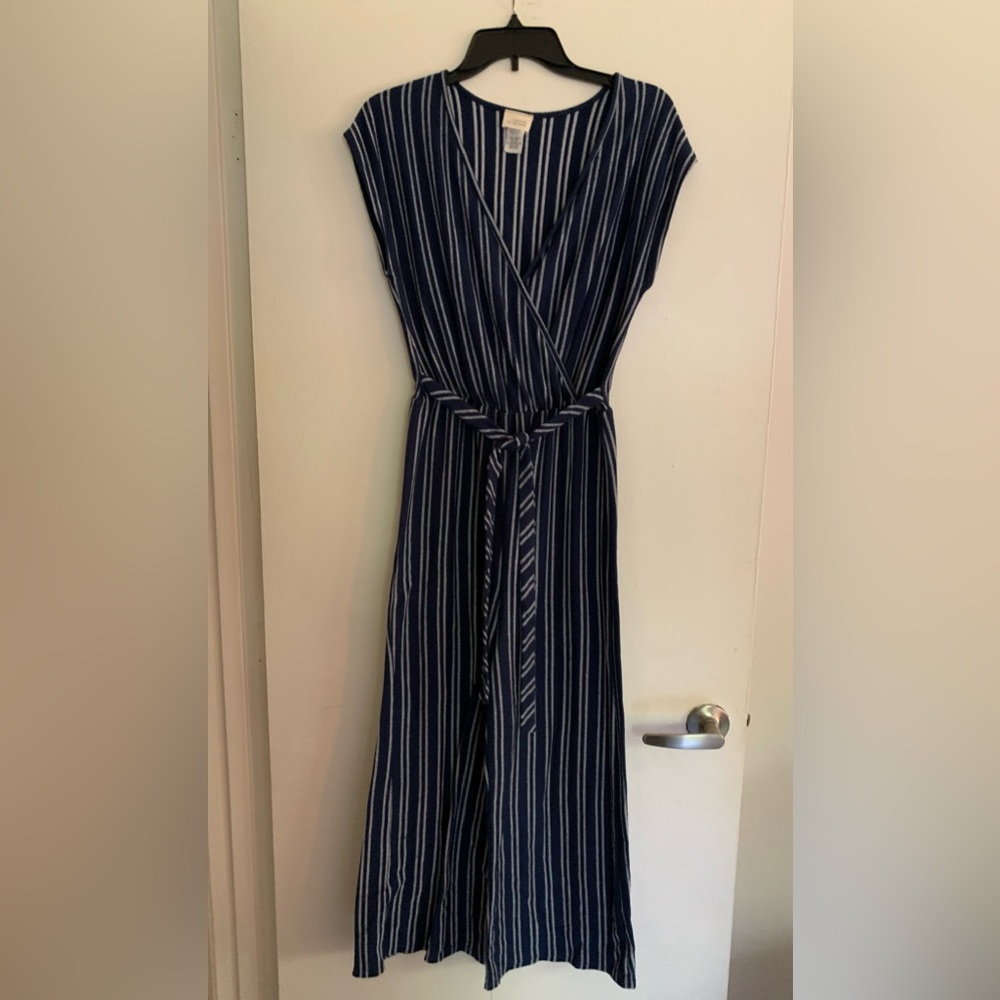 Women’s Caution To The Wind Jumpsuit Blue and White Stripes, Size M